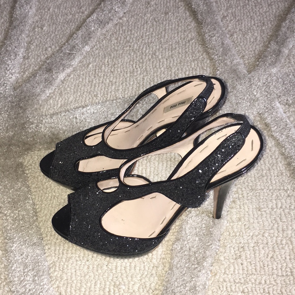 Miu Miu 38.5 Black Glitter Platform Sandal